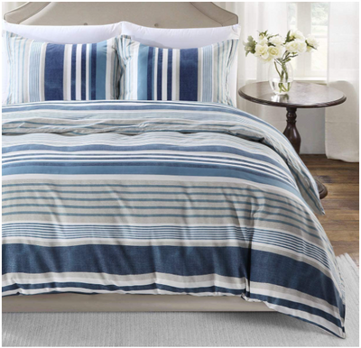3 Piece Duvet Cover Set, alternate horizontal stripes of blue and grey，Size Queen Home Beyond & HB Design