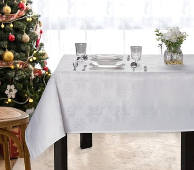 Jacquard Tablecloth, Christmas Snow Flakes, White Home Beyond & HB Design