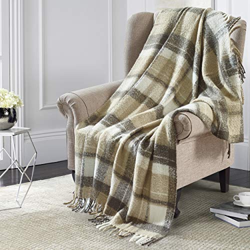 Acrylic Throw Blanket with Decorative Tassel, Grey & Khaki Plaid Home Beyond & HB Design