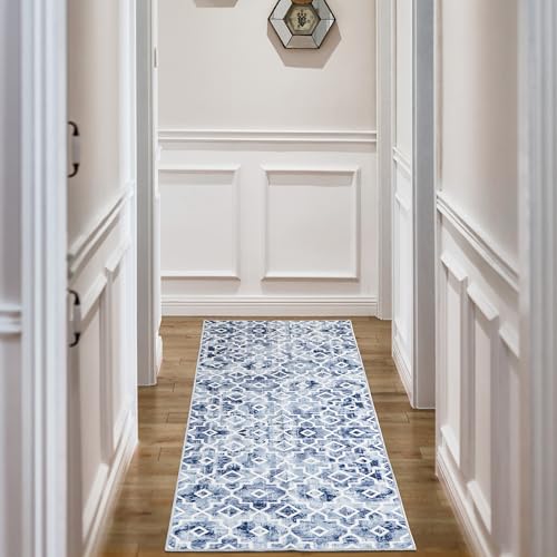 Runner Rug, Anti-Skid Carpet, Geometric patterns， Blue & White Home Beyond & HB Design