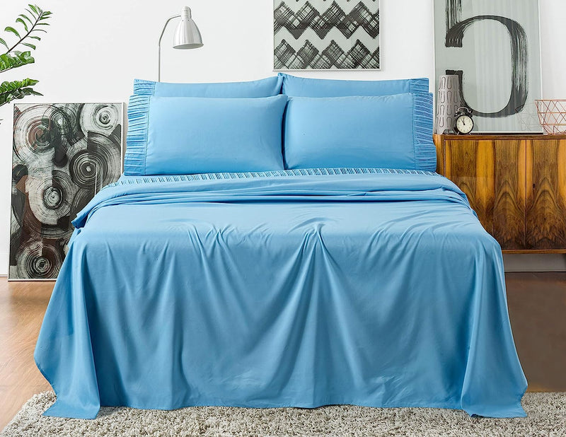 Pleated Bed Sheet Sets with 16 Inch Deep Pocket, Blue Home Beyond & HB Design
