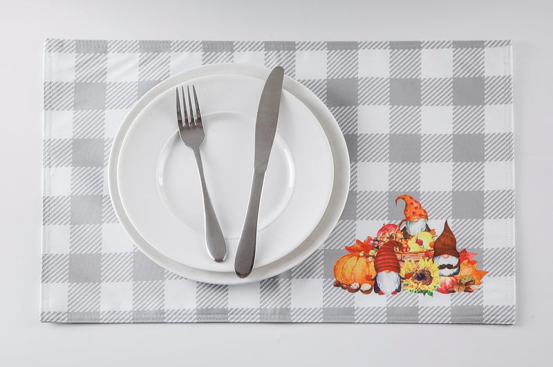 4-Pack Harvest Printed Place Mats for Thanksgiving, Grey Plaid with Pumpkins Home Beyond & HB Design