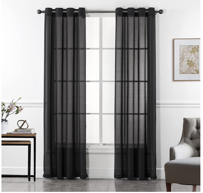 Black Semi Sheer Curtains 2 Panels with Grommet Top, Black color, 52"wX63"L Home Beyond & HB Design
